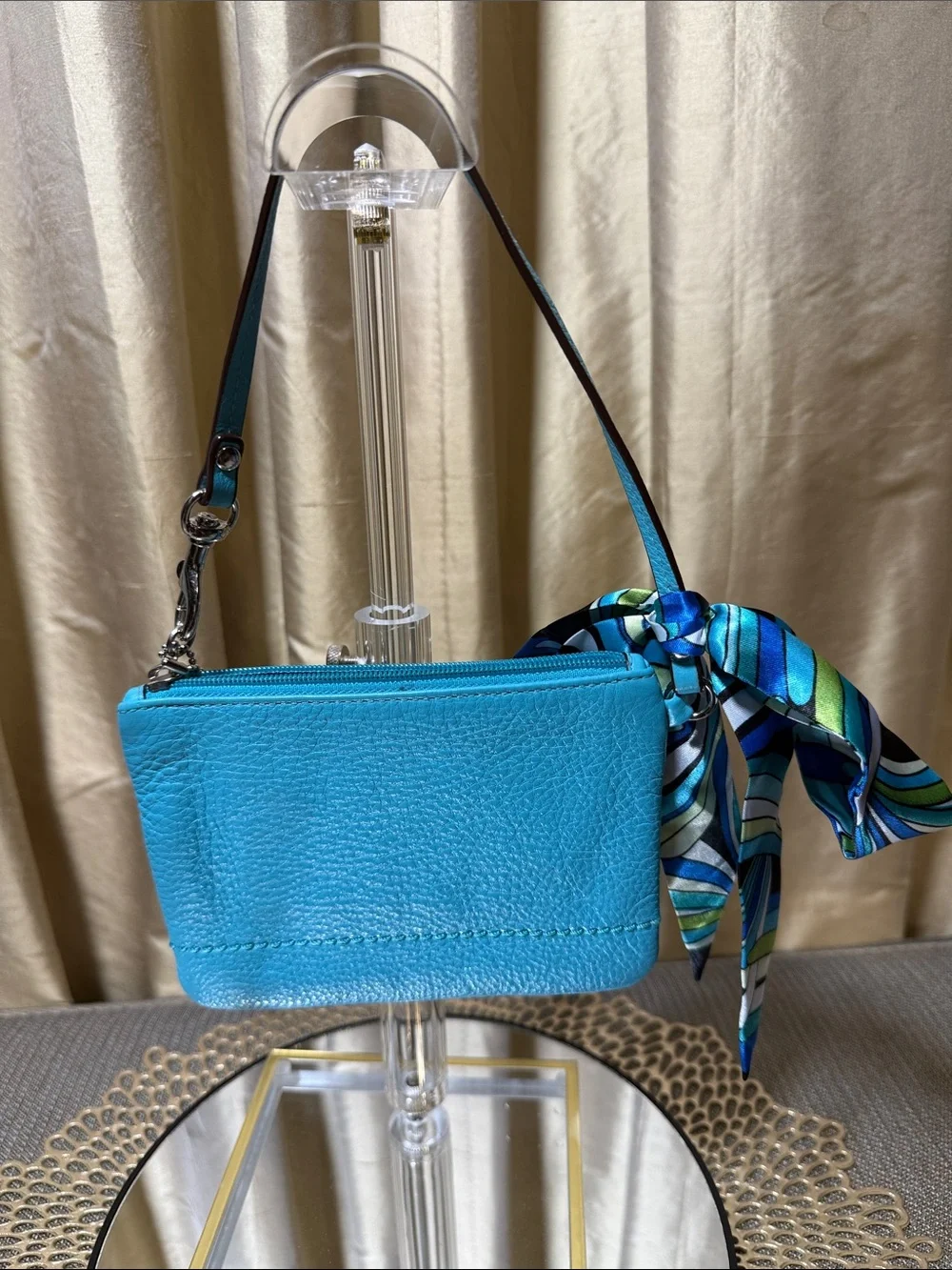 Coach Turquoise Leather Wristlet +  Scarf  + Charm, Silver Hardware